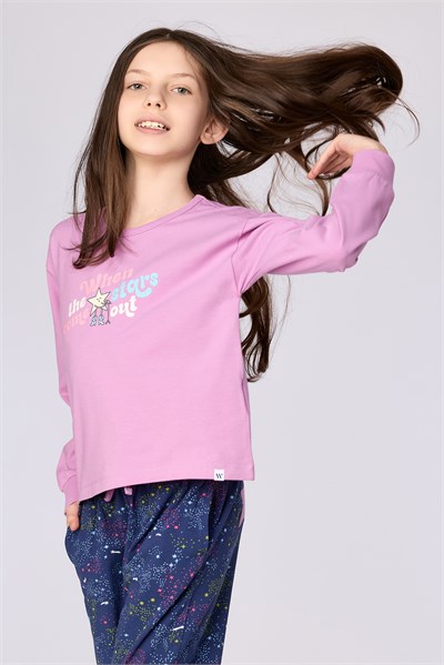Pembe Uzun Kollu Pamuklu Kız Çocuk Pijama