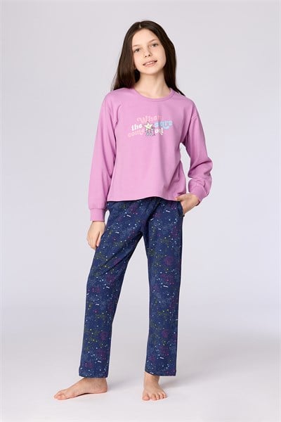 Pembe Uzun Kollu Pamuklu Kız Çocuk Pijama