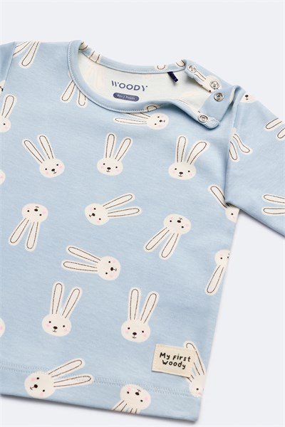 Tavşan Desenli Mavi Pamuklu Bebek Pijama