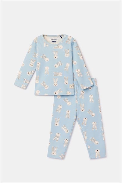 Tavşan Desenli Mavi Pamuklu Bebek Pijama