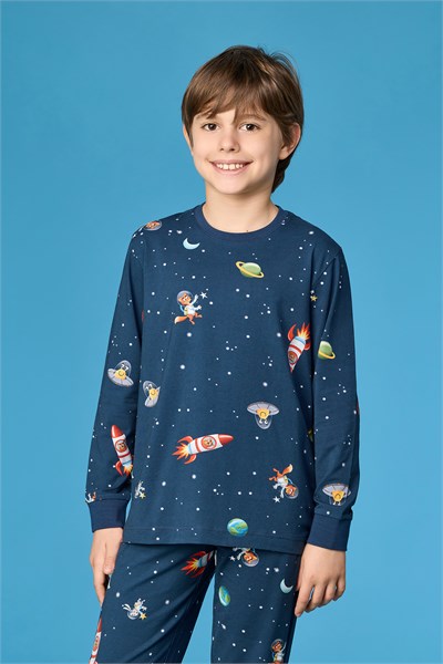 Uzay Baskılı Lacivert Erkek Çocuk Pijama