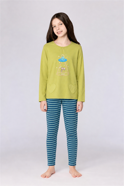 Uzay Baskılı Limon Yeşili Kız Çocuk Pijama