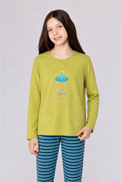 Uzay Baskılı Limon Yeşili Kız Çocuk Pijama