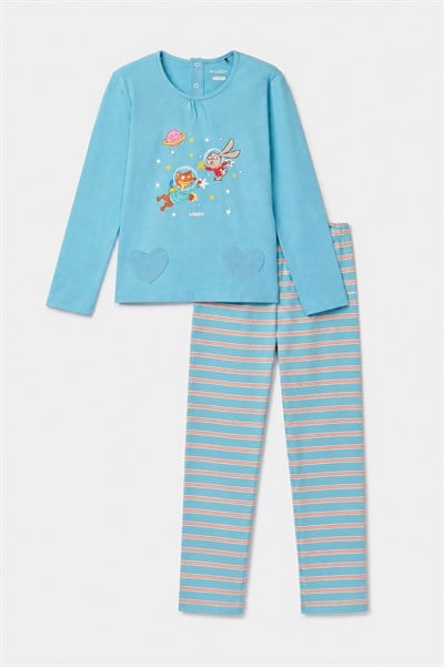 Uzay Baskılı Mavi Kız Çocuk Pijama