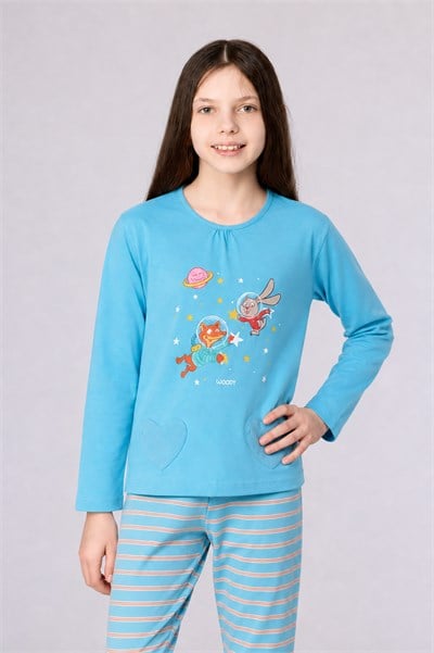 Uzay Baskılı Mavi Kız Çocuk Pijama