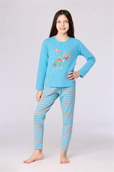 Uzay Baskılı Mavi Kız Çocuk Pijama