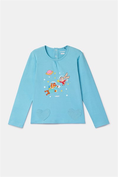 Uzay Baskılı Mavi Kız Çocuk Pijama
