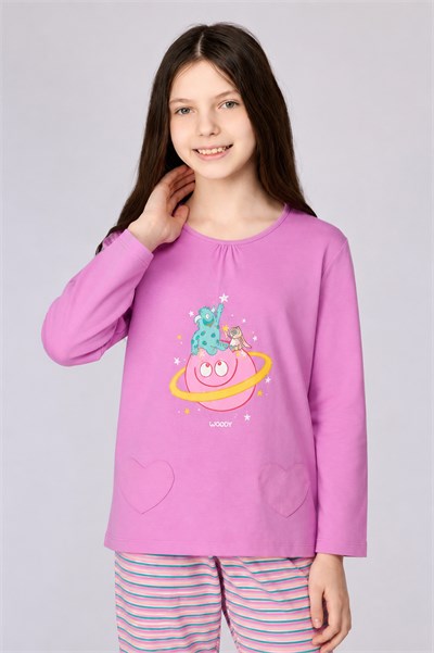 Uzay Baskılı Pembe Kız Çocuk Pijama