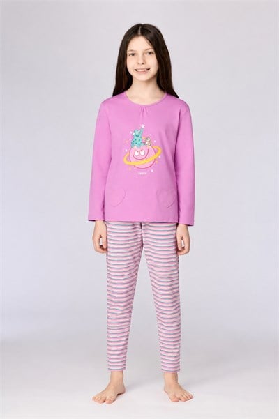 Uzay Baskılı Pembe Kız Çocuk Pijama