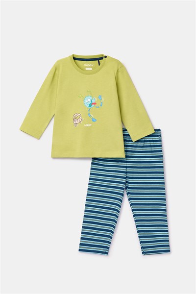 Uzaylı Baskılı Limon Yeşili Pamuklu Pijama Takımı