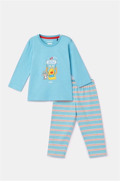 Uzaylı Baskılı Mavi Pamuklu Pijama Takımı