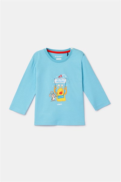 Uzaylı Baskılı Mavi Pamuklu Pijama Takımı