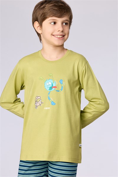 Uzaylı Karakter Baskılı Limon Yeşili Erkek Çocuk Pijama