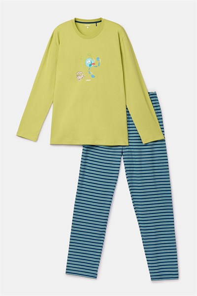 Uzaylı Karakter Baskılı Limon Yeşili Erkek Pijama