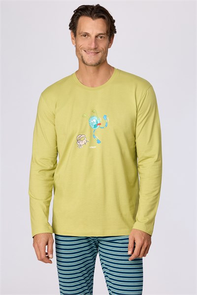 Uzaylı Karakter Baskılı Limon Yeşili Erkek Pijama