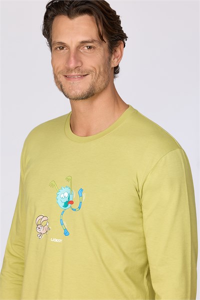 Uzaylı Karakter Baskılı Limon Yeşili Erkek Pijama