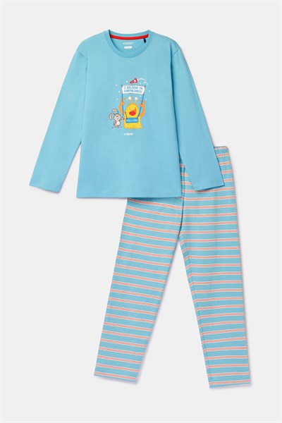 Uzaylı Karakter Baskılı Mavi Erkek Çocuk Pijama