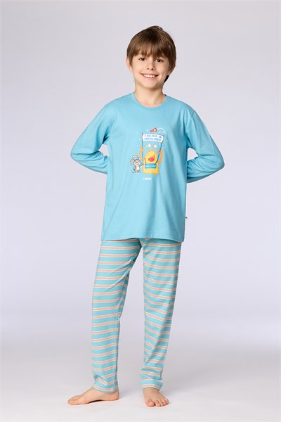 Uzaylı Karakter Baskılı Mavi Erkek Çocuk Pijama