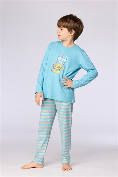 Uzaylı Karakter Baskılı Mavi Erkek Çocuk Pijama