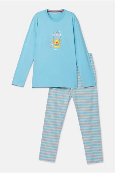 Uzaylı Karakter Baskılı Mavi Erkek Pijama