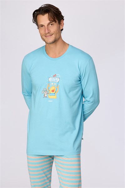 Uzaylı Karakter Baskılı Mavi Erkek Pijama