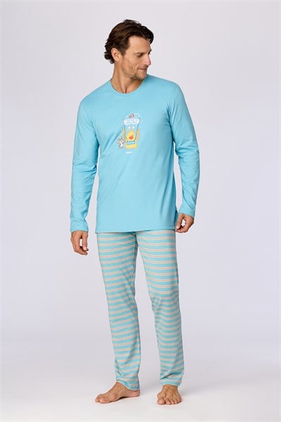 Uzaylı Karakter Baskılı Mavi Erkek Pijama