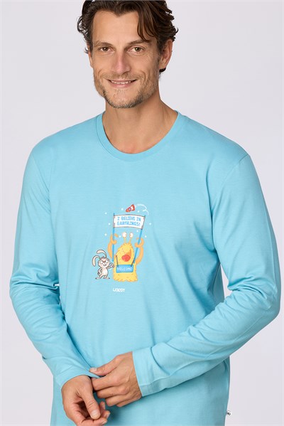 Uzaylı Karakter Baskılı Mavi Erkek Pijama