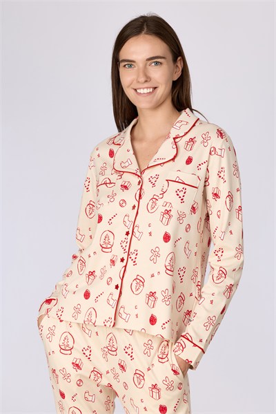 Yeni Yıl Temalı Ekru Kadın Pijama
