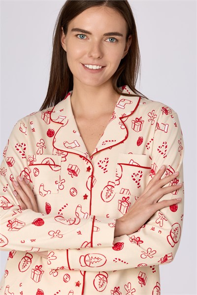 Yeni Yıl Temalı Ekru Kadın Pijama