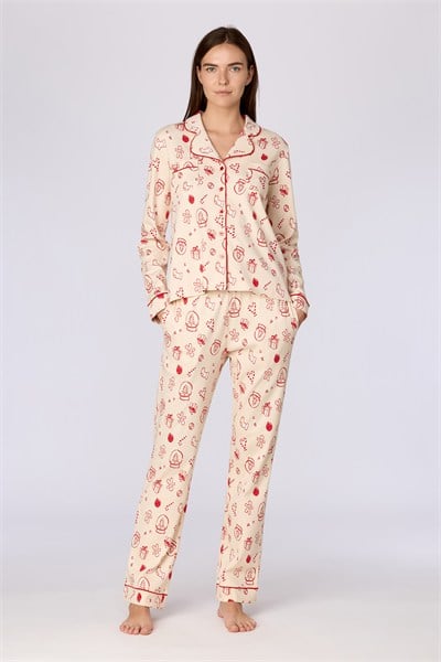 Yeni Yıl Temalı Ekru Kadın Pijama