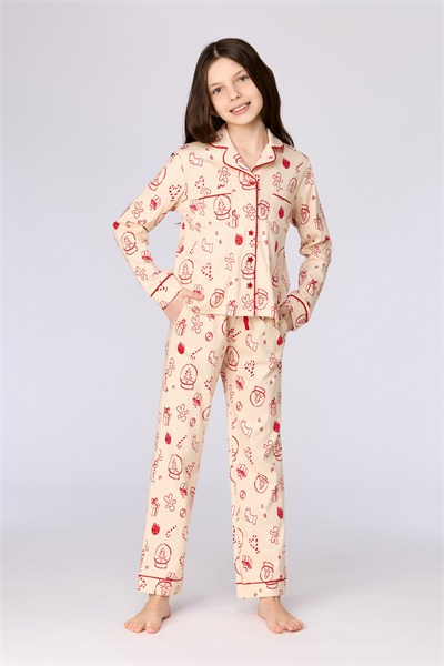 Yeni Yıl Temalı Ekru Kız Çocuk Pijama