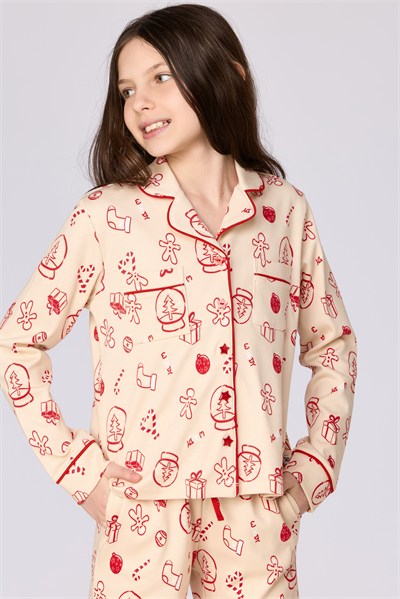 Yeni Yıl Temalı Ekru Kız Çocuk Pijama