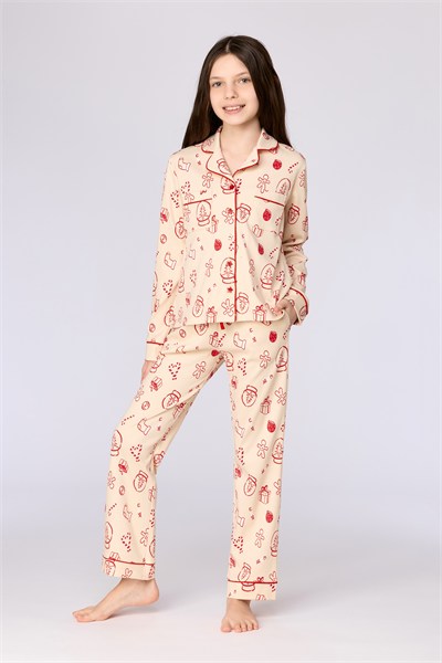 Yeni Yıl Temalı Ekru Kız Çocuk Pijama