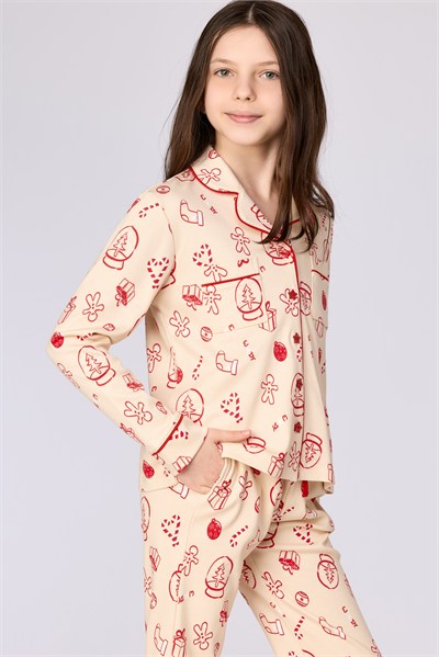 Yeni Yıl Temalı Ekru Kız Çocuk Pijama
