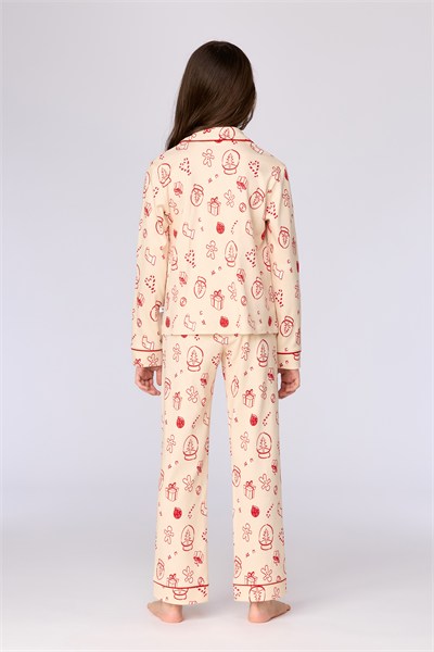 Yeni Yıl Temalı Ekru Kız Çocuk Pijama