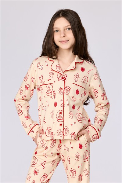 Yeni Yıl Temalı Ekru Kız Çocuk Pijama