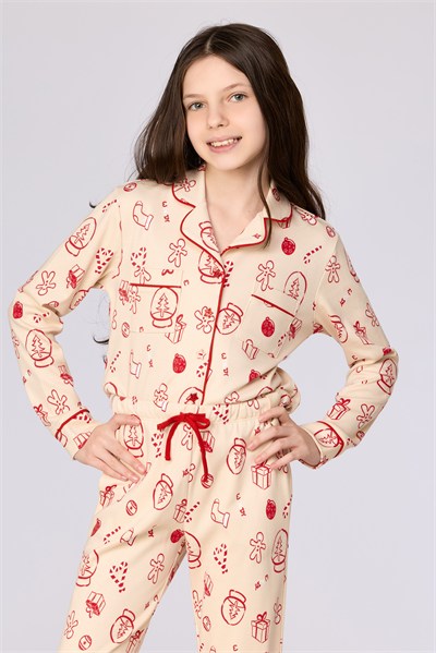 Yeni Yıl Temalı Ekru Kız Çocuk Pijama
