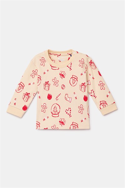 Yeni Yıl Temalı Ekru Pamuklu Bebek Pijama