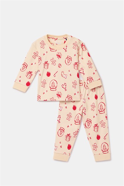 Yeni Yıl Temalı Ekru Pamuklu Bebek Pijama