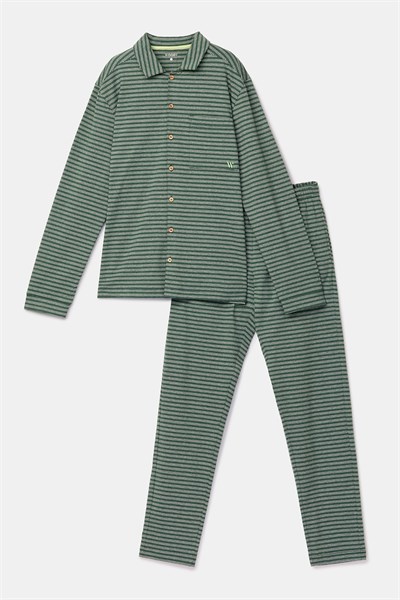 Yeşil Çizgili Gömlek Yakalı Erkek Pijama Takım