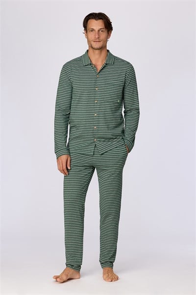 Yeşil Çizgili Gömlek Yakalı Erkek Pijama Takım