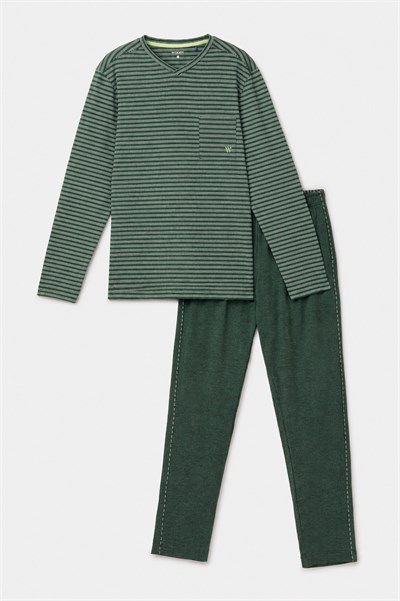 Yeşil Çizgili V Yaka Erkek Pijama Takımı