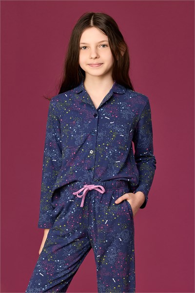 Yıldız Baskılı Lacivert Pamuklu Kız Çocuk Pijama
