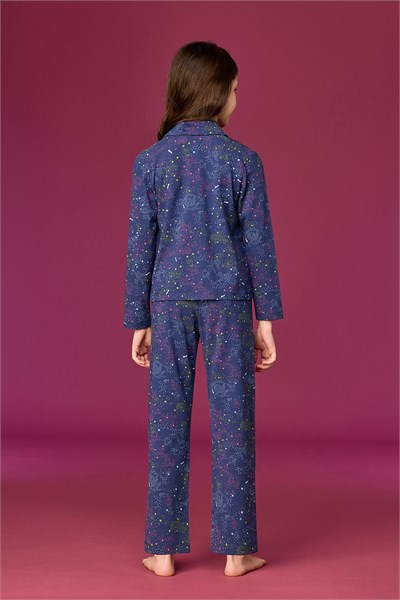 Yıldız Baskılı Lacivert Pamuklu Kız Çocuk Pijama