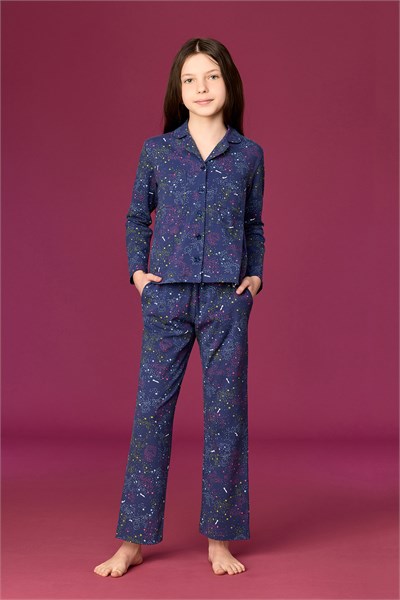 Yıldız Baskılı Lacivert Pamuklu Kız Çocuk Pijama