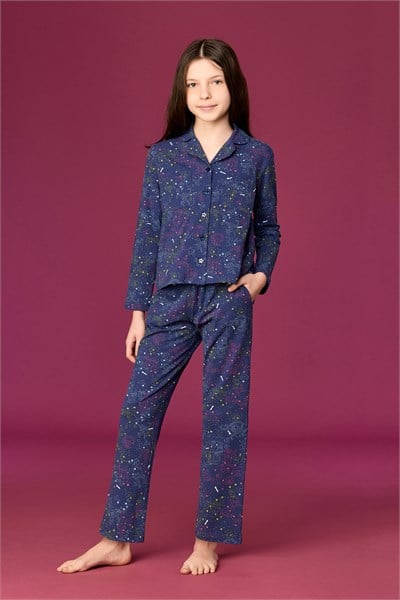 Yıldız Baskılı Lacivert Pamuklu Kız Çocuk Pijama