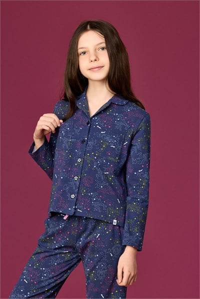 Yıldız Baskılı Lacivert Pamuklu Kız Çocuk Pijama