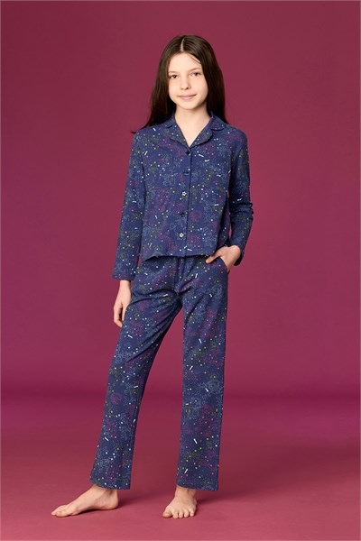 Yıldız Baskılı Lacivert Pamuklu Kız Çocuk Pijama