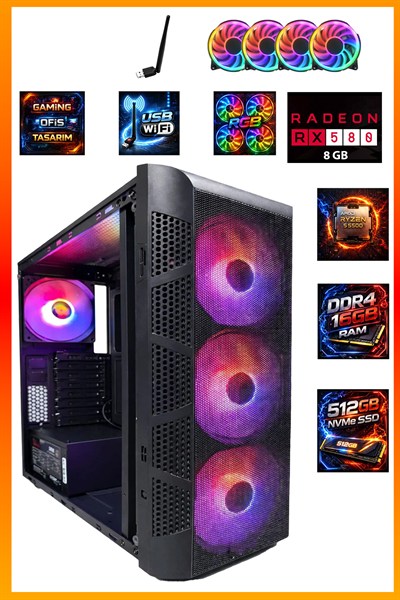 GA Full-Perf Gaming Ryzen 5 5500 + RX580 8GB + 16GB DDR4 RAM 512GB M.2 NVMe SSD Full Oyun Bilgisayarı
