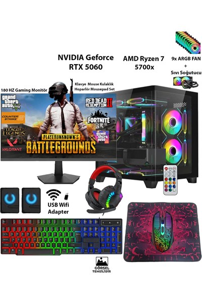 GA PRIME Full Pro Set + RTX5060 Ryzen 7 5700X 16GB RAM 1TB SSD 180Hz Monitör 5in1 Gaming Oyuncu PC